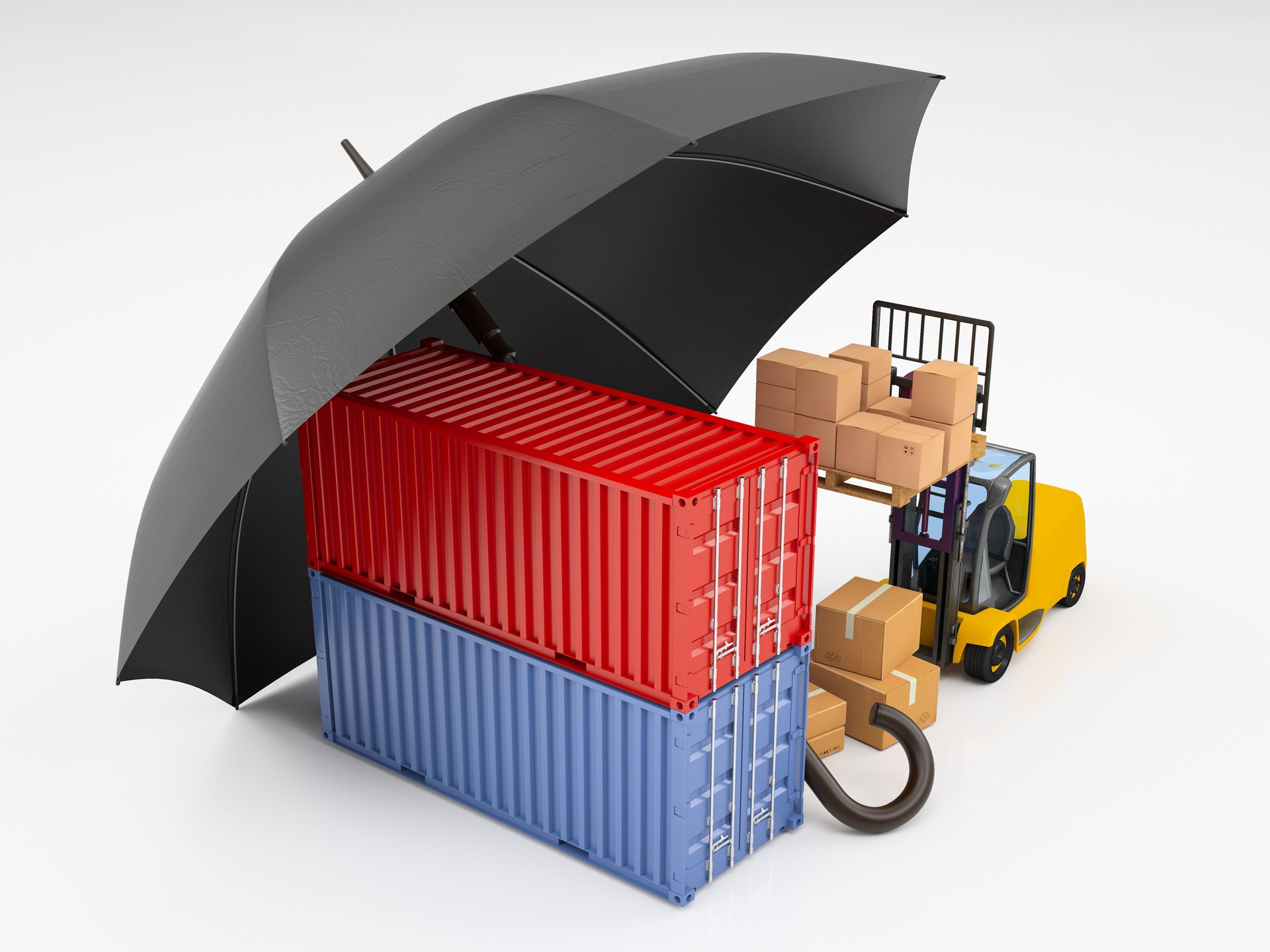 Logistics Protection Concept Containers Lift and Cargo Boxes Under Umbrella